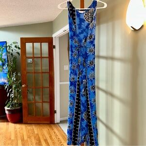 Women’s Rayon Flowy Sleeveless Blue Patterned Maxi Summer Dress - One Size